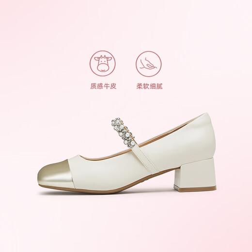 天美意鞋子女鞋商场同款粗跟法式复古单鞋玛丽珍鞋春秋款BJ761CQ4 银色 37