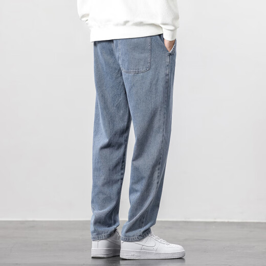 Jeanswest jeans men's 2025 spring and summer new loose straight versatile Harun elastic waist men's casual long pants men light blue XL