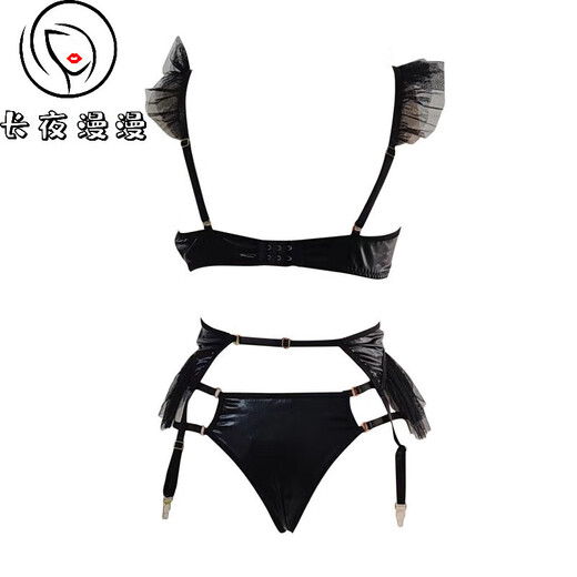 Wen Shi Oumi Wanfei European and American new sexy women's patent leather mesh garter belt three-piece set sexy suit leather jacket three-point black S80-90Jin [Jin equals 0.5 kg]