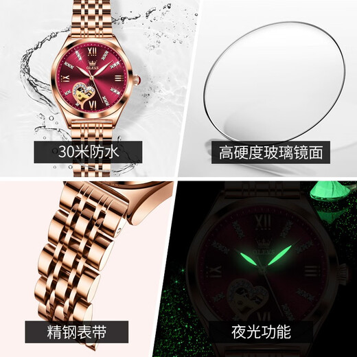 OLEVS Swiss certified brand watch women's mechanical watch fully automatic waterproof luminous women's watch hollow diamond-set fashion watch OLEVS-6636-steel belt rose shell red surface