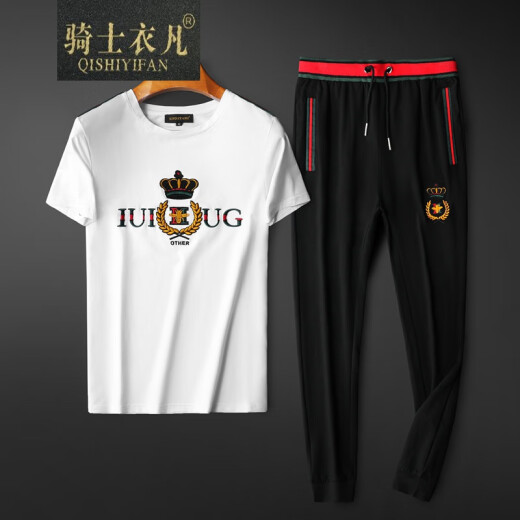 Knight Yifan brand T-shirt men's large size 2021 fashion European station summer new trendy brand embroidered mercerized cotton short-sleeved men's slim versatile trousers casual sports suit men's white clothes and black pants M