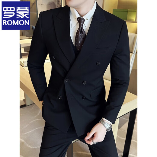 ROMON high-end customized suit men's British style double-breasted business casual suit large size three-piece formal wedding suit 338 black double-breasted single-piece suit 3XL (155-170Jin Jin equals 0.5 kg)