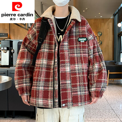 皮尔卡丹（PIERRE CARDIN）加绒格子毛呢外套男士秋冬款翻领呢子夹克潮牌加厚羊羔绒棉衣 9922红格【加棉】 3XL 160-175斤