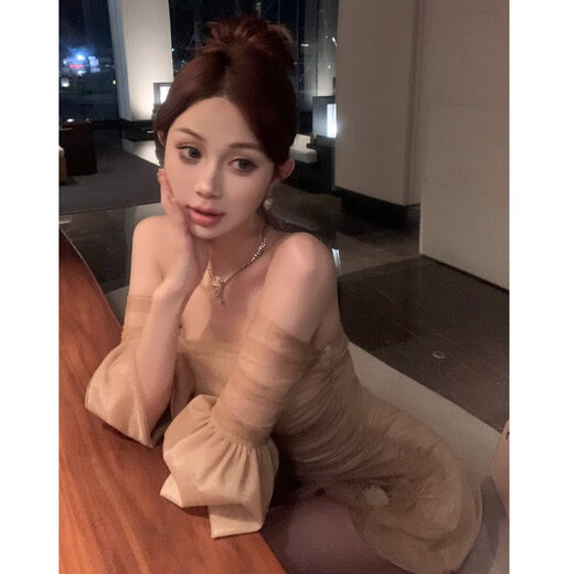 忆静萱（YIJINGXUAN）纯欲法式网纱裹胸一字肩连衣裙女早春季性感名媛小礼服包臀裙夜店 香槟色 M 95-105斤