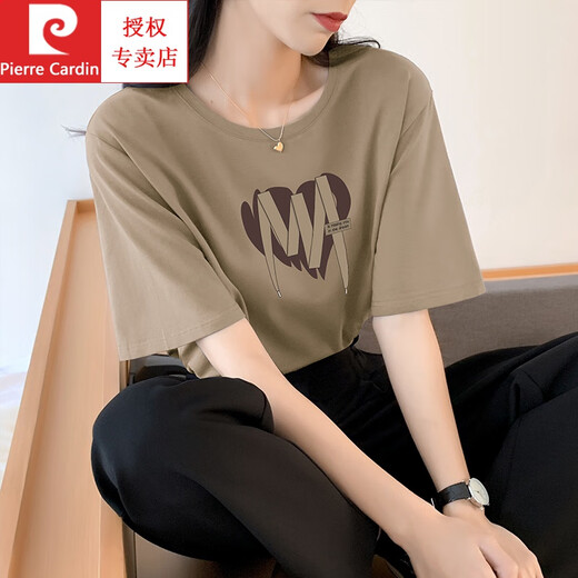 皮尔卡丹（pierre cardin）卡其色纯棉短袖t恤女夏大版气质潮牌体恤独特别致新款上衣设计感 卡其色 653 L