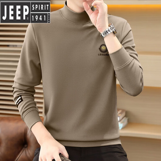 JEEP SPIRIT autumn and winter new men's velvet half turtleneck cotton sweatshirt long-sleeved T-shirt bottoming shirt slim fit skin-friendly inner wear Khaki M 85-110Jin Jin is equal to about 0.5 kg
