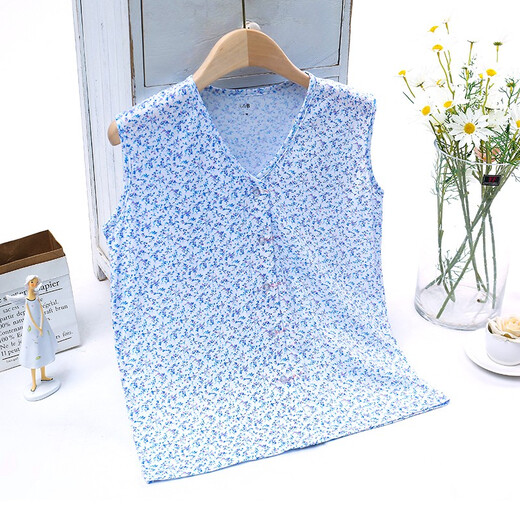 AB underwear women's pure cotton pajamas summer sleeveless sweatshirt middle-aged and elderly mothers printed V-neck cardigan vest T-shirt S724 Blue Lotus XXL (170/100)