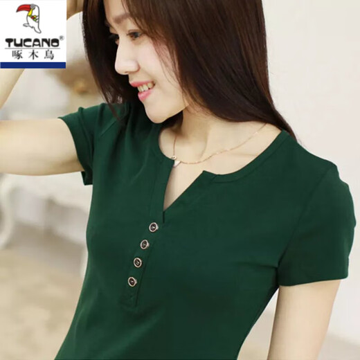 啄木鸟95%棉夏半袖体恤大号女装胖m上衣服纯棉V领短袖女T恤修身打底衫 藏青色898 L 100-110