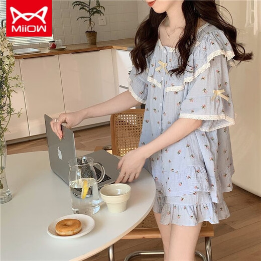 Catman Miiow Pyjamas für Frauen im Sommer 2024 Neue japanische süße Blumenwatte-Leinen Gaze kurzärmelige Shorts Thin Home Clothing Set M1283 Blau L [100-120jin [Jin gleich 0,5 kg] tragen]