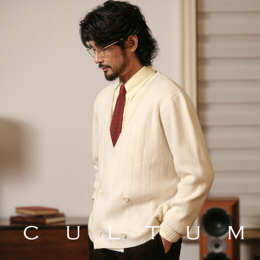 Cultum Merino Wolle Herbst College-Stil Doppelbrust V-Ausschnitt Pullover Männer Langarmer Retro loser Strickjacken-Pullover Haoyuebai M.