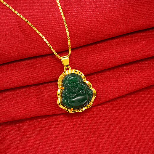 Jianyingsi 9999 gold color jade Buddha necklace gold plated clavicle chain for female couple gold inlaid jade Maitreya Buddha jade pendant simulation 18K plated Maitreya Jade Buddha light green + necklace