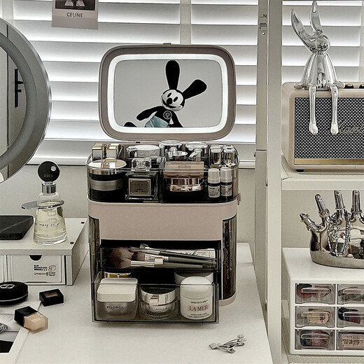 Yunya cosmetics storage box desktop LED light with mirror multi-functional all-in-one dressing table storage rack lipstick storage cabinet elegant white all-in-one portable model