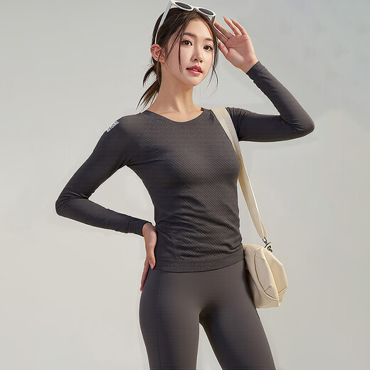 LULUUVTTOH New Slim Yoga Wear Long Sleeve Women's Sports Elastic Breathable Top Running Round Neck Pilates Fitness T-Shirt Navy XL