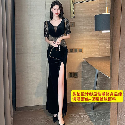 Yi Jingxuan (Yijingxuan) 2025 Золотое бархатное вечернее платье, стройное и длинное платье для женщин KTV Foot Bath Pecytine Want Wable Одежда ночной клуб Main Picture Model M 95-105JIN [JIN равно 0,5 кг]