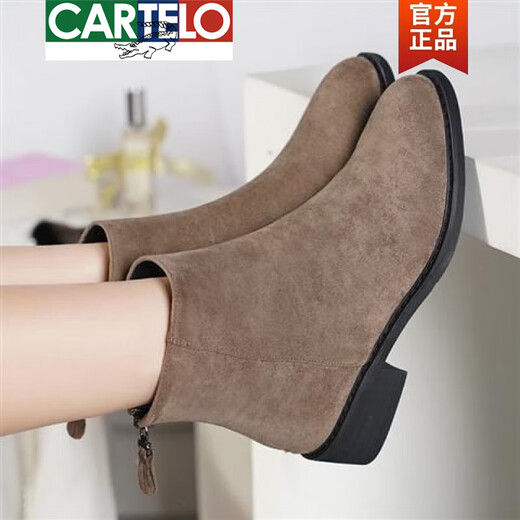 卡帝乐鳄鱼（CARTELO）2025秋冬新款短靴磨砂短靴女平底中跟绒面马丁靴切尔西裸靴女 黑色单里 35