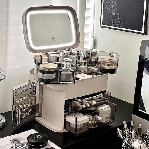 Yunya cosmetics storage box with mirror, dust-proof, rotatable large-capacity box, desktop with light, integrated skin care product storage rack, elegant white, all-in-one portable model