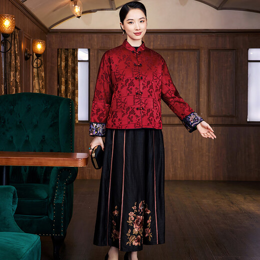Xiyue 2024 winter Chinese style Guanle crepe quilted warm Chinese Tang suit jacket red banquet New Year cotton coat New Year burgundy L (weight 115~130)