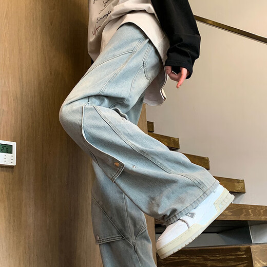 迪伽达直筒牛仔裤男士秋冬款美式复古休闲潮流青少年宽松工装微喇长裤子 CRB-1476浅蓝色 XL