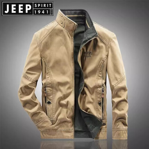 JEEP SPIRIT Reversible Jacket Men's High-end New Autumn and Winter Cotton Stand Collar Loose Casual Large Size Workwear Khaki XL