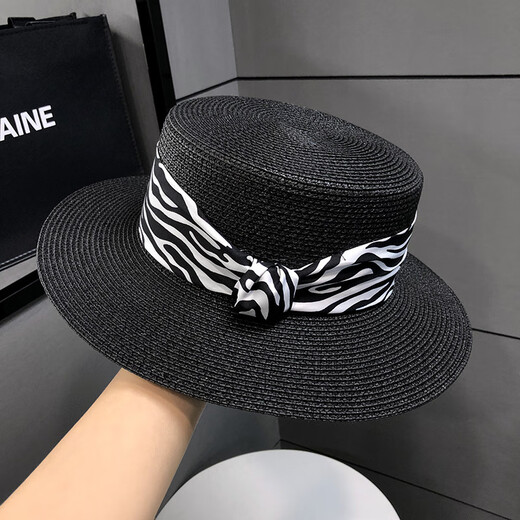 Pengxuan flat top hat for women summer French fashion new straw sun hat seaside sun protection straw hat white M (56-58cm)