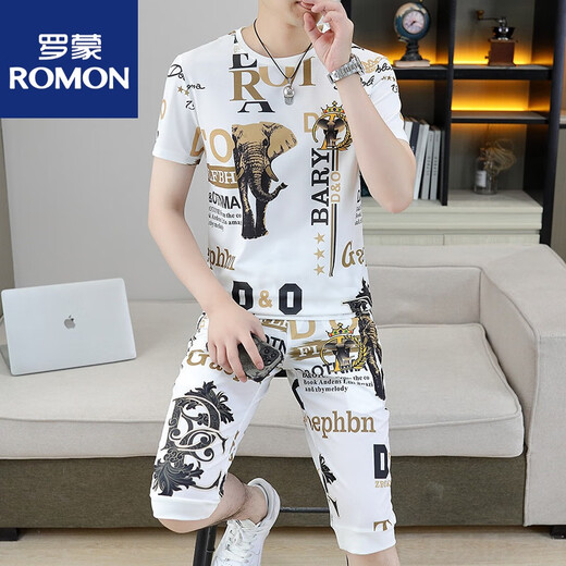 ROMON 2025 new personalized elephant printed short-sleeved T-shirt sports suit men's summer fashion brand casual two-piece set men's clothing 826 elephant white M
