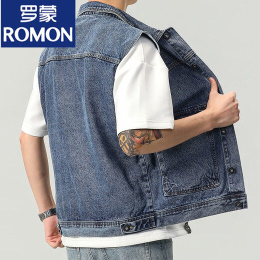 Romon 2024 Denim Weste Männer Ärmelne Weste Jacke Herren Spring- und Herbst Trendy Lose vielseitige Arbeit Jacke 9215 Blau + 9215 Schwarz 2xl