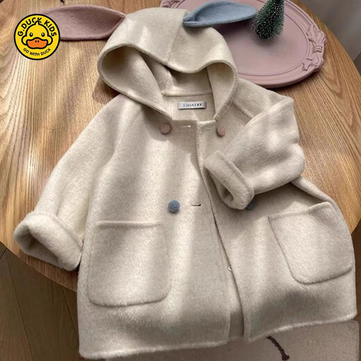 
G.DUCKKIDS Girl Thickened Warm Woolen Jacket Baby Winter Korean Style Fashionable and Cute Two-Color Rabbit Ear Hooded Woolen Coat Bei White 100
