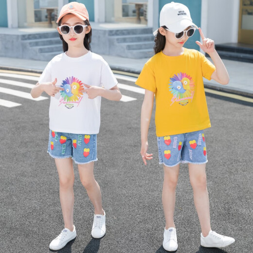 Zhuo Caridi Children's Clothing Girls Suit Summer 2021 New Short-Sleeved Children's Summer Fashionable Sports Casual Short-sleeved T-shirt Pants Western-style Internet Celebrity Girls Two-piece Set Yellow 140 (recommended height 126-135cm)