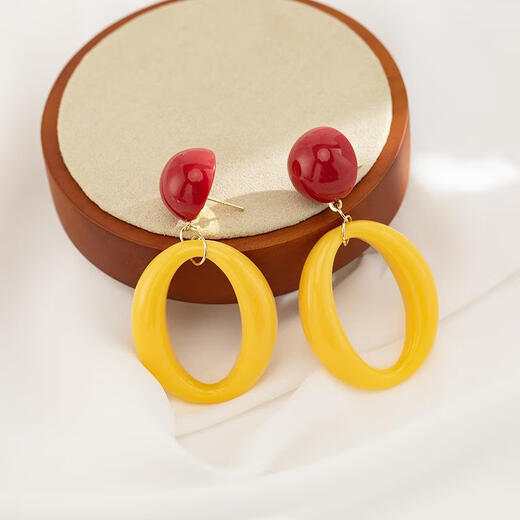 Delijia children's retro Hong Kong style exaggerated temperament girl personality contrasting color geometric earrings earrings mosquito coil ear clips without ear piercing [1049] contrasting color elliptical ear needle