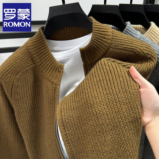 ROMON double zipper stand-up collar cardigan for men thickened wool sweater for autumn and winter solid color slim mid-collar knitted jacket medium gray L /110