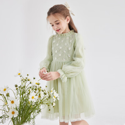 DEESHA girls' dress 2024 spring new model for middle-aged and older girls with sequin embroidery stitching elegant and western style princess gauze skirt grass green 140