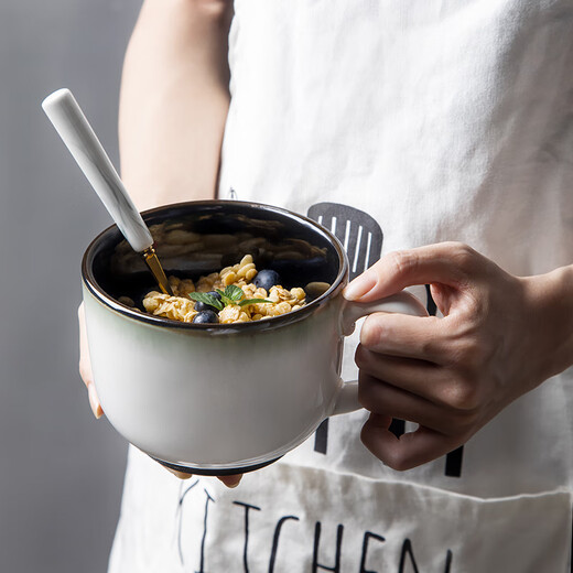 INMIND HOUSE Big belly milk breakfast cup ceramic oatmeal cup with lid spoon large capacity microwaveable European style 600ml gradient gray 600ml (wooden handle spoon + wooden lid)