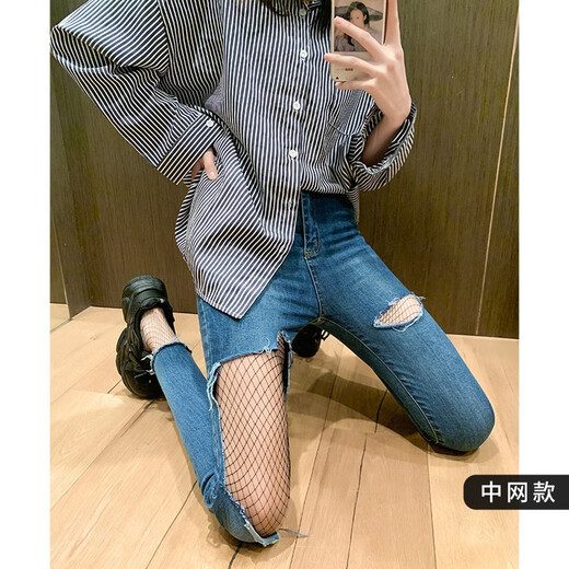 Langsha stockings women's black fishnet stockings sexy ultra-thin internet celebrity ins hollow fishnet stockings medium mesh 2 pairs