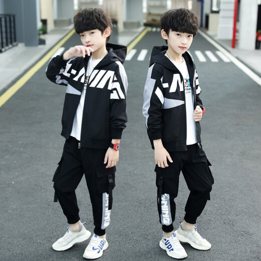 Cool Pan Bear Boys' Suit Spring and Autumn 2021 New Medium and Large Children's Fashion Jacket Jacket Pants Children's Sports Suit Boys' Western Style Two-piece Set Spring Trendy Clothes 3 to 15 Years Old Black 120 Size Recommended Height About 1.1 Meters