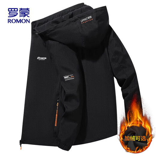 ROMON Jacket Men's Jacket Winter Trendy Business Casual Top Hooded Versatile Men's MK53 Black Velvet 2XL