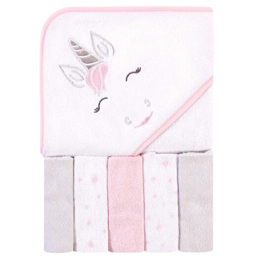 HUDSON BABY hooded bath towel set, soft and absorbent, pink unicorn, 6 pieces