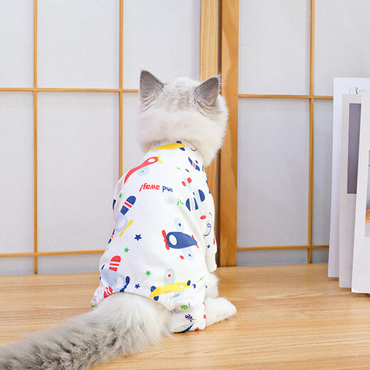 Shantou Lincun Ragdoll Clothes Cat Anti-Shedding Thin Summer Kitten Summer Cute Blue Cat British Short Pet Breathable Customized Cotton Home Clothes Full Version Aircraft Four-legged Clothes 2XL Recommended Weight 1522Jin [Jin is equal to 0.5kg]