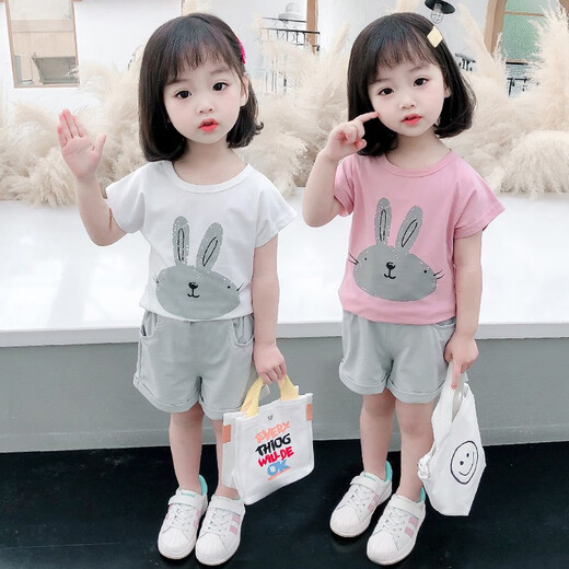 布潮星女童套装夏装新款夏季儿童洋气女宝宝童夏天短袖T恤短裤小孩衣服 粉红色（上衣+裤子） 110码建议3-4周岁）