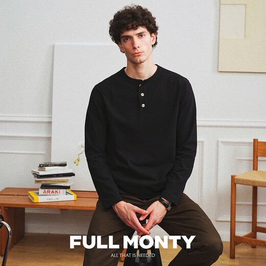 FULL MONTY Henry collar T-shirt black men's pure cotton casual versatile long-sleeved business bottoming shirt 2024 spring and autumn black 7745 M