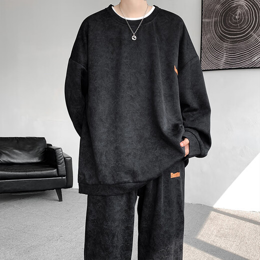 Phelos High-End schwere Krawatten-Dye-Sweatshirt-Anzug für Boys Casual Sports Joggshose Herumn Trendy Marke Großgröße Lose zweiteiler Set TZ761 Black 5XL (210-230jin [Jin Equals Equals Equals]))