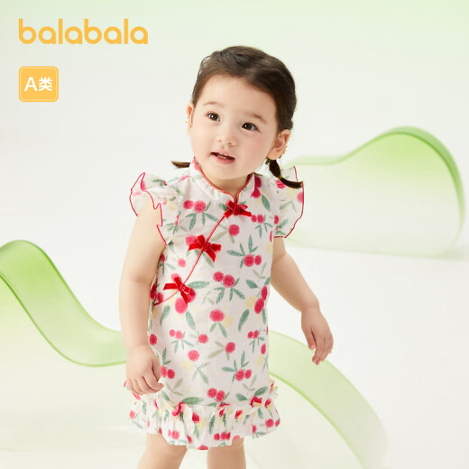 Balabala Baby Dress Girls Skirt Baby Princess Dress 2024 Summer National Style Cheongsam New Chinese Style Children's Day White Red Tone 00316100cm