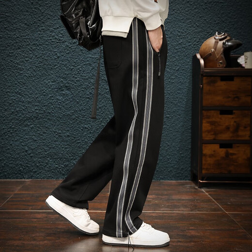 Jingulai striped straight-leg sweatpants for men in spring and autumn, loose zipper pockets, large size fat sweatpants, men's casual pants, red, thickened, velvet, 3XL, weight 180-200Jin Jin is equal to 0.5 kg