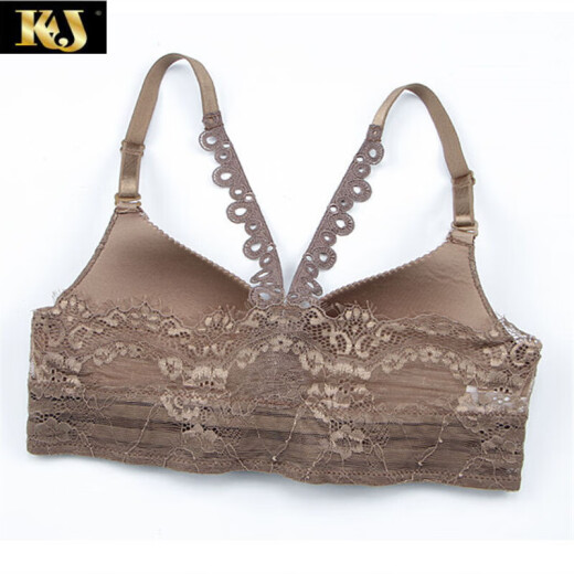 KJ French front button push-up no steel ring cross back bra sexy lace underwear women's anti-sagging bra set brown set 34/75B