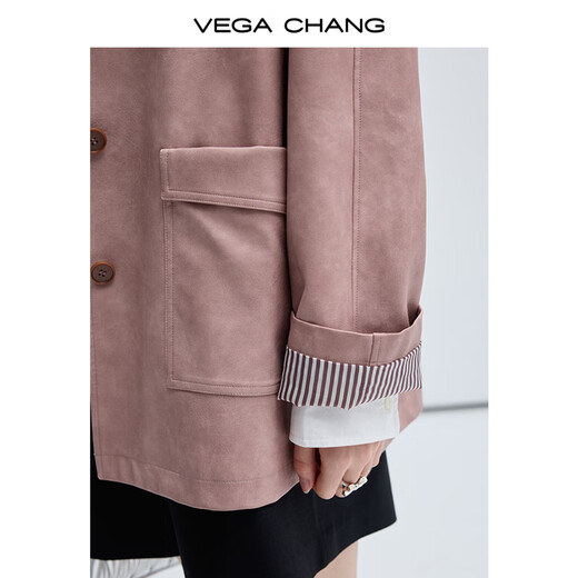 VEGA CHANG皮衣女款2025年新款春秋美式复古中长款PU皮外套 橡皮粉 S