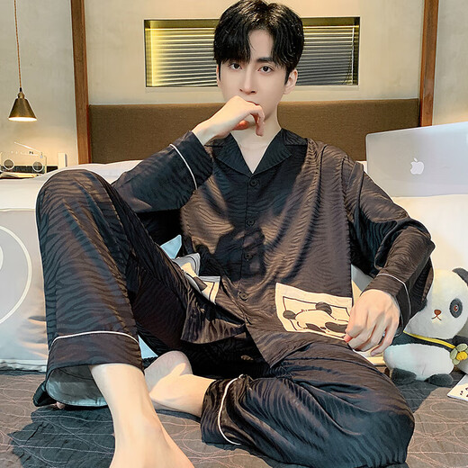 
Lanmiao LAMIU men's pajamas ice silk long sleeves 2024 new spring and autumn high-end imitation silk youth home clothing set high-quality ice silk 844 XL size height about 175 weight 130-150 Jin [Jin equals 0.5 kg]