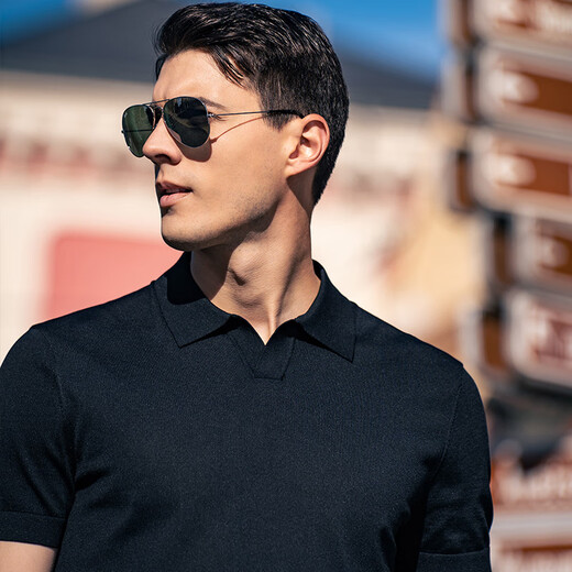 布先生翻领短袖羊毛t恤男时尚高级可机洗针织衫上衣 钢琴黑 L/175 