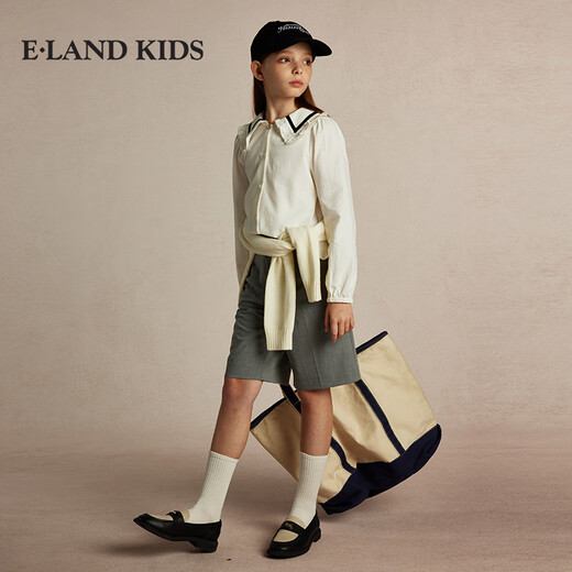 E LAND KIDS Yilian girls' shirt season new lace lapel LOGO embroidered top Beige beige/35 150