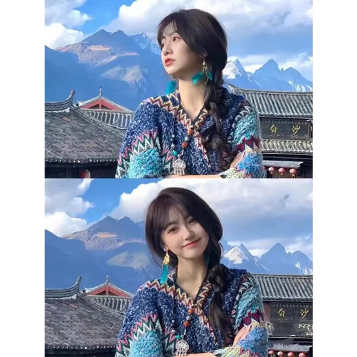 妆羽婉云南丽江披肩青海新疆西藏民族风旅游外搭斗篷外套披风毯子围巾女 孔雀蓝 均码