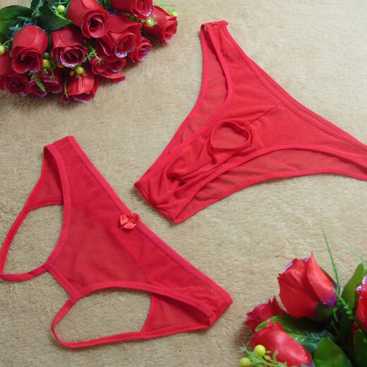 2 packs of hot and sexy mesh transparent women's crotchless men's crotchless briefs thongs without stripping red
