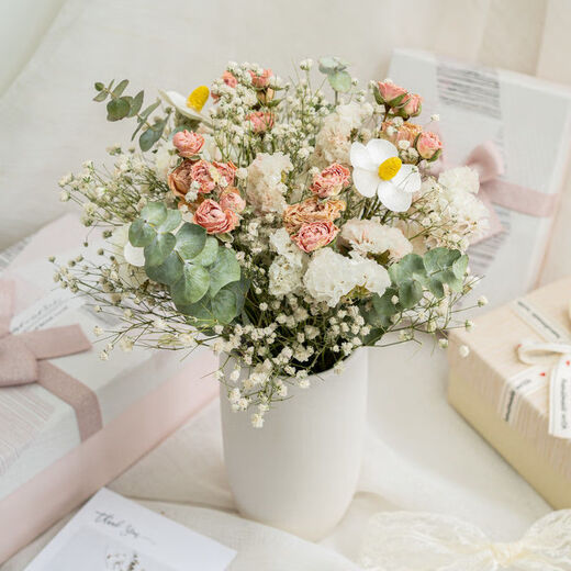 AIMAN Starry Little Roses Forget-Me-Not Dried Flower Bouquet Ins Style Home Furnishings Room Living Room Decoration Furnishings Lover Romantic Little Roses Full of Gypsophila + Pen Holder Ceramic Bottle